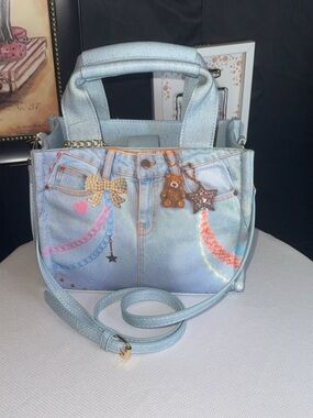 Light Blue Denim-Print Women’s Handbag-Missing push teddy bear charm-NWT